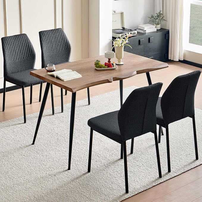 Dining Table Set for 4, Modern Wood Irregular Rectangle Dining Table, Linen Fabric Dining Chairs 4,Table and Chairs Set of 4 for Kitchen Dining Room, Black