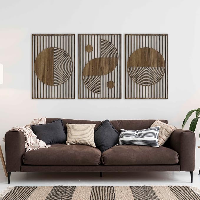 Bauhaus Wall Art Wood Boho Style, Large Mid Century Modern Decor, Abstract Wooden Wall Art, Set of 3 Geometric Wood Wall Panel, Home Gift