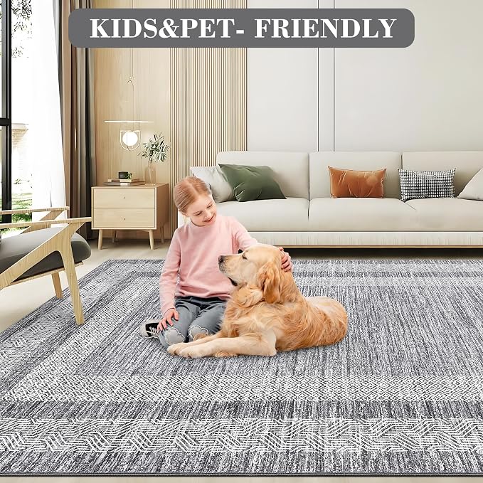GarveeHome 8x10 Large Washable Area Rug Modern Bordered Rug Distressed Geometric Floor Carpet, Soft Non Slip Rug, Low Pile Non Shedding Rug, Indoor Gray Rug for Bedroom, Living Room