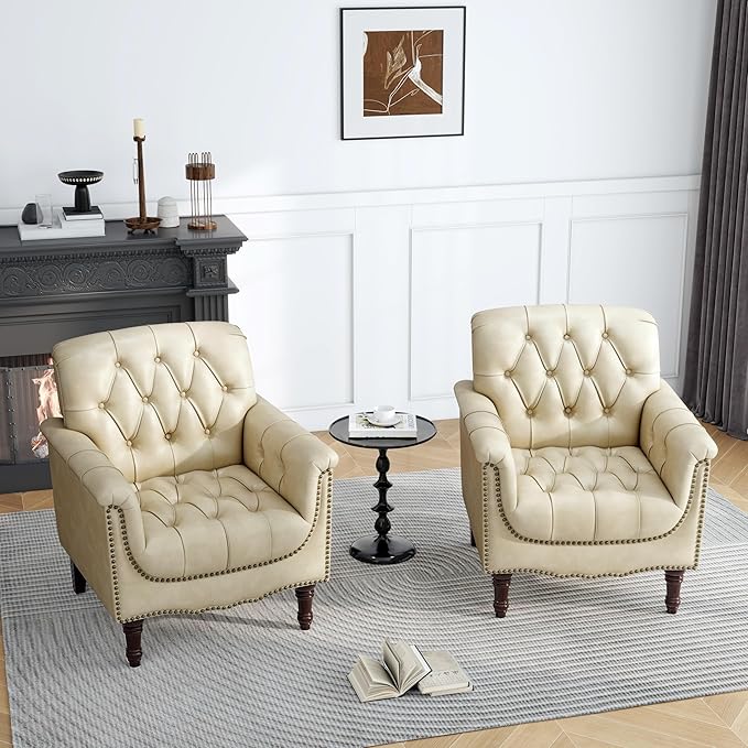 UIXE Faux Leather Accent Chair, Upholstered Armchair for Living Room, Retro Button Tufted Club Arm Chair Single Sofa Bedroom Side Reading Seating with Solid Wood Legs - Beige