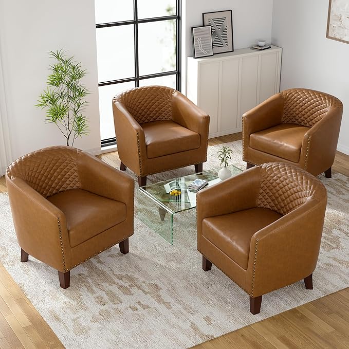 UIXE Faux Leather Barrel Accent Chairs Set of 4, Upholstered Armchair Club Chair for Living Room, Comfy Round Single Sofa Bedroom Side Reading Seat - Coffee Brown