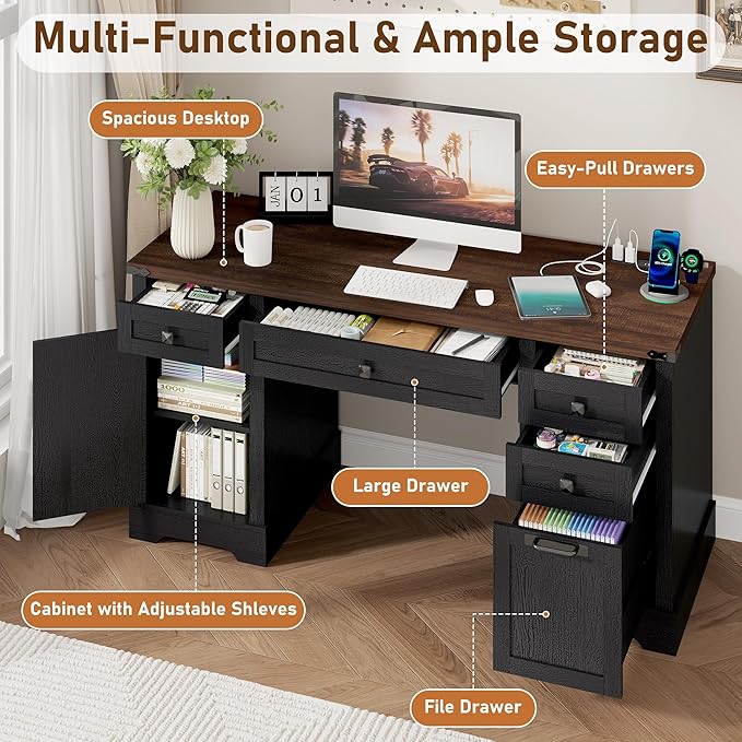 Squireewo 58'' Farmhouse Home Office Desk with Drawers, Wooden Executive Desk with Charging Station, File Drawers and Storage Cabinet, Computer Desk for Work, Study and Writing, Black