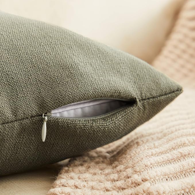 ZeeMart Rustic Cotton Linen Throw Pillow Covers Set of 2, 18x18 Inch Olive, Farmhouse Style Decorative Couch Pillow Cases Cushion Covers for Sofa Bed Living Room Home Decor