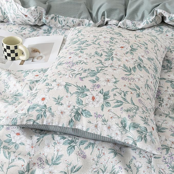 HoneiLife Floral Duvet Cover King - 100% Cotton Comforter Cover, Soft Botanical Bedlinen Set with Zipper Closure & Corner Ties,3-Piece Wildflower Comforter Cover Sets, Greenery
