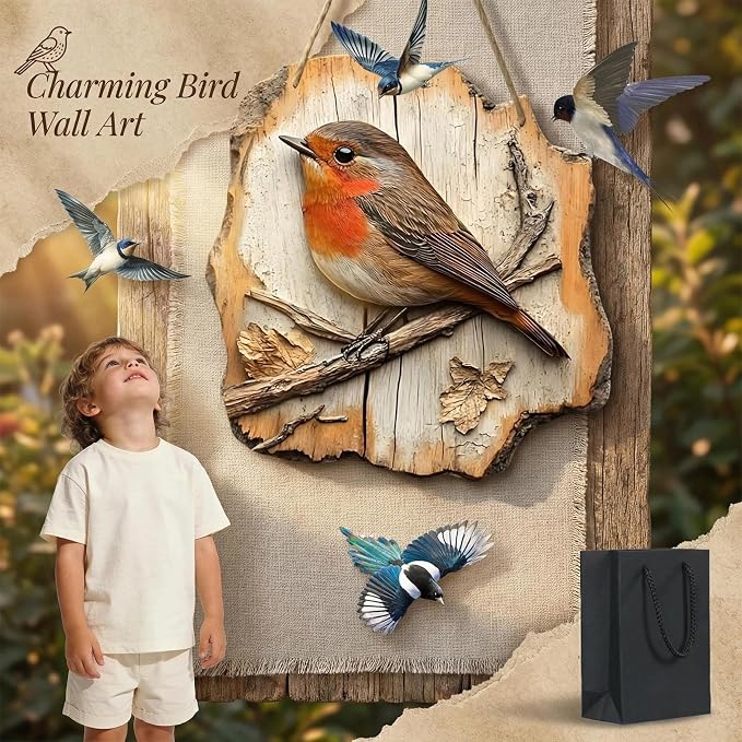 Cumuul Handmade Boxwood Bird Wall Hanging - Vintage 2D Bird Wooden Signage, Rustic Farmhouse Robin Bird Wall Decor, Wood Texture, Indoor Outdoor Garden Decoration (#2)