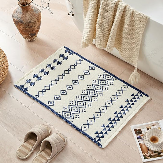Douceur Boho Bath mat for Bathroom Floor Non Slip, Acrylic Blend Cute Bath Rugs with Tassels, Blue and Cream White Tribal Ethnic Pattern Farmhouse Bathroom Rugs, 15.7" x 23.6"