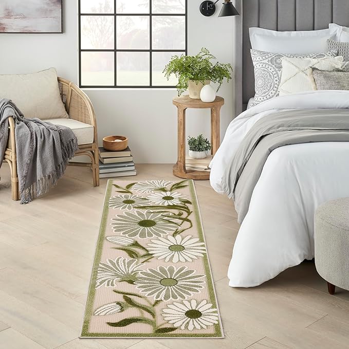 Nourison Home Aloha Ivory Green 2'3" x 8' Area Rug - Easy Clean, Non Shedding, Bed Room, Living Room, Dining Room, Kitchen (8' Runner)