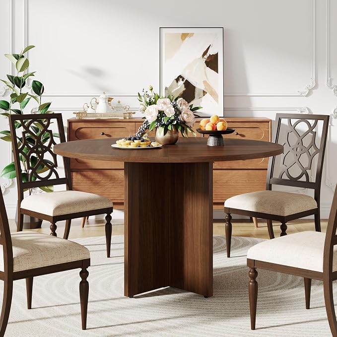 47 Inch Round Dining Table for 4-6 People, Rustic Circle Kitchen Table with X-Shaped Stable Pedestal, Dinner Table for Dining Room Kitchen Living Room, Walnut
