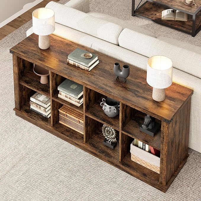 GarveeHome 8 Cube Storage Organizer Bookshelf, 3 Tier Farmhouse Horizontal Bookcase, 62 in Wood Storage Bookcase for Entryway, Long Low Bookshelves for Living Room-Retro Brown