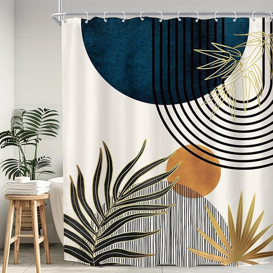 KOMLLEX Mid Century Blue Boho Shower Curtain 72Wx84L Inches Abstract Modern Blue Shower Curtains for Bathroom Decor Plant Botanical Minimalist Arch Sun Fabric Liner Waterproof Polyester 12 Pack Hooks
