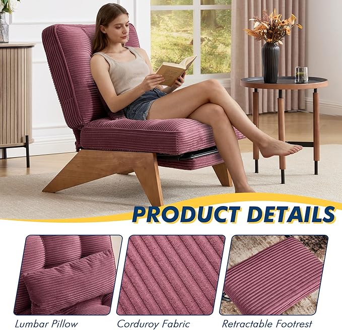 Accent Chair with Ottoman Adjustable Backrest, Stripe Living Room Chair Indoor Lounge Chair with Build-in Footrest Set, Modern Chair Cozy Reclining Chair for Reading Room, Wine Red