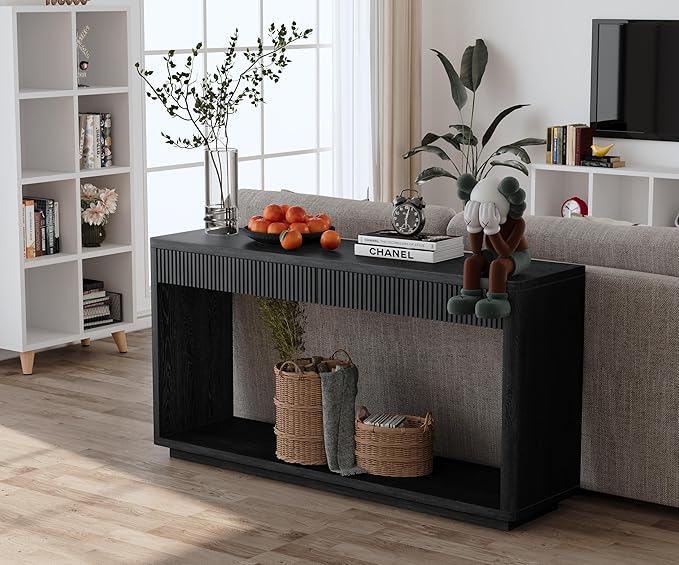 Wood Console Table, 59.8" Retro Long Sofa Table Behind Couch with 2 Fluted Drawers, Farmhouse Wooden Narrow Sofa Table Hall Table for Living Room Foyer Entrance Entryway, Black