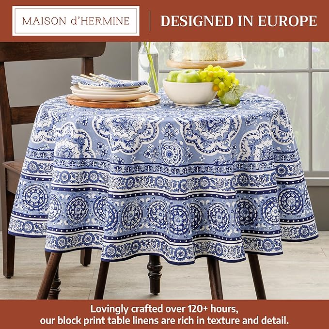 Maison d' Hermine Table Cloth Round Table 100% Cotton 69 Round Inches Tablecloth Reusable Decorative for Dining Room Farmhouse Home Valentines Day Decorations Spring Summer - Melodie Bleue