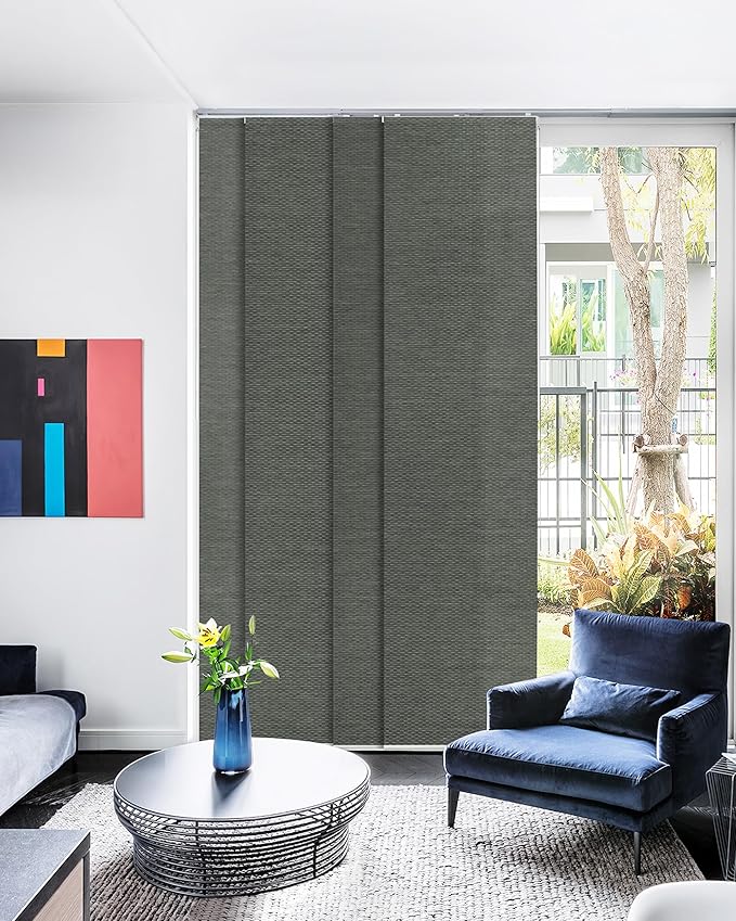 GoDear Design Shimmering Adjustable Sliding Panel Track Blinds, Vertical Window Blinds, Patio Door Blinds, Extendable Track from 45.8" to 86" W, Trimmable Panel Curtains Up to 96", Obsidian
