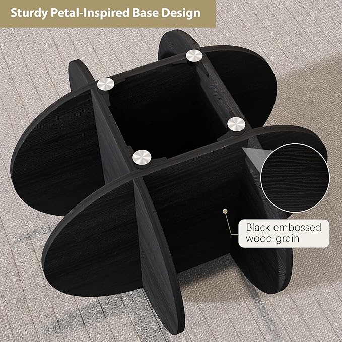 Glass Coffee Table, Round Coffee Table with Petal-Inspired Base, Modern Minimalist Coffee Table for Decoration, Black Coffee Tables for Living Room, Study Room, Office