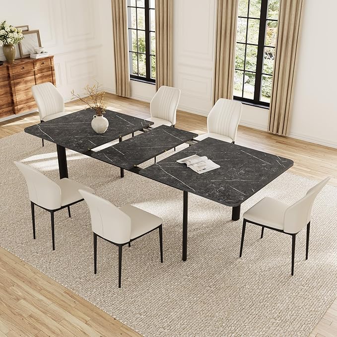 Extendable Dining Table Set for 6-8 People, 63 to 78.7 Inch MDF Kitchen Table with 6 Faux Leather Dining Chairs, Space-Saving for Dining Room, Breakfast Nook (Dark Grey Table & 6 White Chairs)