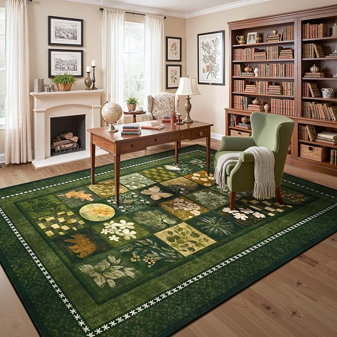 Tepook 6x9 Area Rugs for Living Room, Modern Large Geometric Rug for Bedroom, Washable Patchwork Rug Indoor Non Slip Throw Carpets for Dining Room Office Farmhouse Home Decor, Dark Green