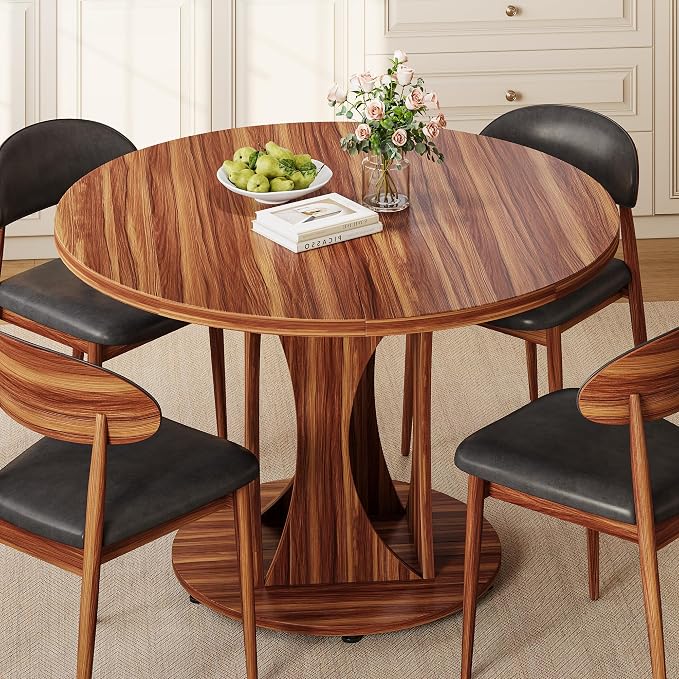 Einhomn 59" Extendable Round Dining Table for 6-8, Kitchen Table with Sturdy Double Arc Base & Backboard Clasp Desktop, Mid-Century Modern Dinner Table, Kitchen Dining Room, Space Saving, Walnut