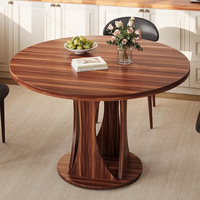 Einhomn Round Dining Table for 4-6, Kitchen Table with Sturdy Double Arc & Rounded Base & Backboard Clasp Desktop, Mid-Century Modern Circle Dinner Table for Dining Living Room, Space Saving, Walnut