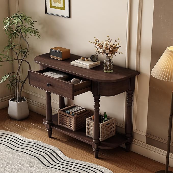 SOFTSEA Retro Curved Console Table with Drawer and Bottom Shelf, 36 inch Half Moon Entryway Table for Living Room Hallway, Espresso