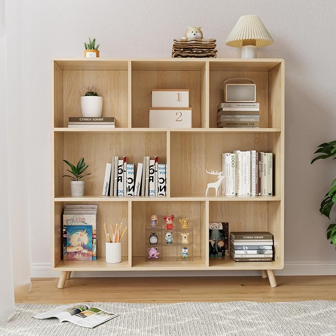 YZU Wood Book Shelf, 44” Wide Bookshelf Bookcase, 8 Cube Storage Organizer, Rustic Display Shelf, Home Office Furniture, Natural Wood (Natural B)