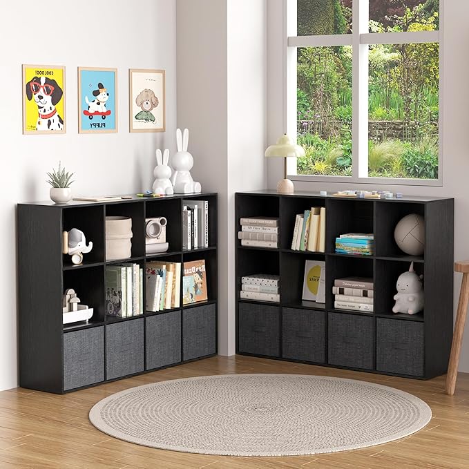Wooden 12 Cube Storage Organizer with Closed Back Panel,Black Cube Shelf Cubby Storage Organizer with Compartments for Living,Bookshelf, Easy to Install (Black, 12-Cube-11in)