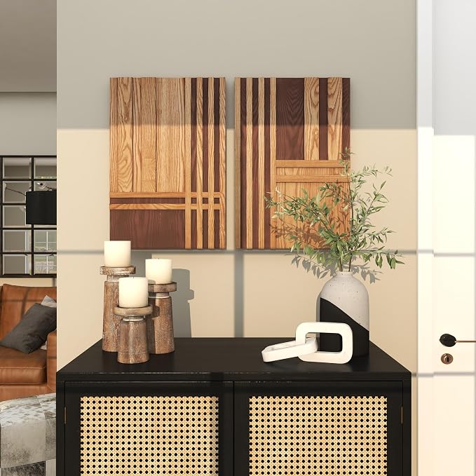 Deco 79 Wooden Geometric Home Wall Decor Carved Two-Toned Striped Wall Sculpture, Set of 2 Wall ArtW, 24" H, Brown