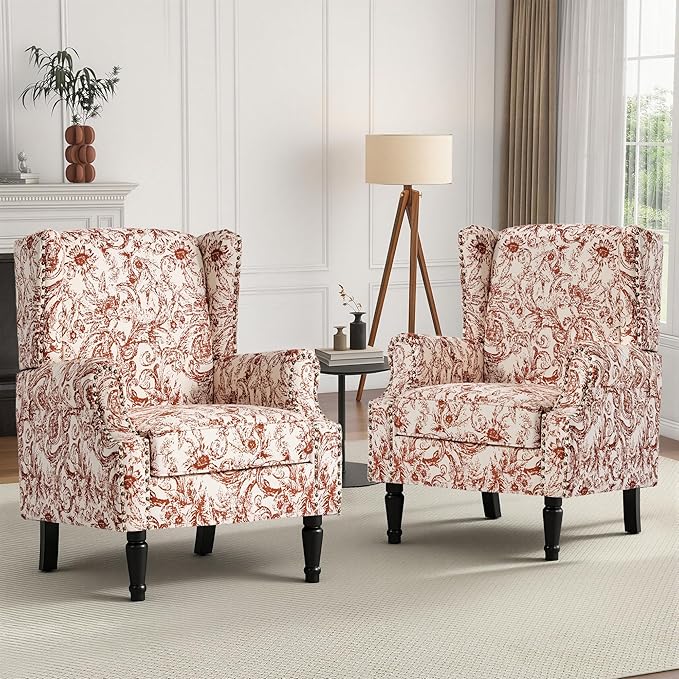High Back Floral Accent Chairs Set of 2, Fabric Wingback Chair Upholstered Armchair for Living Room - Rococo Orange