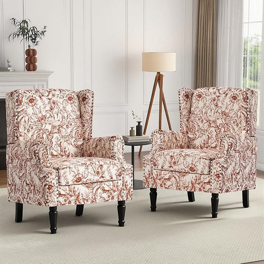 High Back Floral Accent Chairs Set of 2, Fabric Wingback Chair Upholstered Armchair for Living Room - Rococo Orange