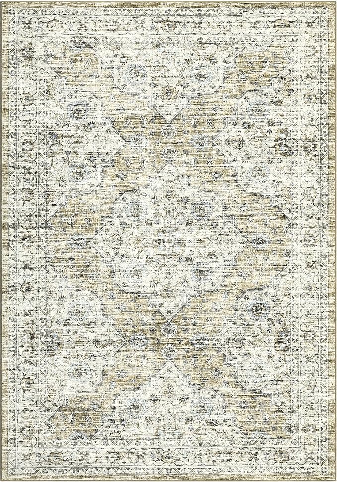 8x10 Washable Vintage Distressed Oriental Large Rug Soft Bedroom Carpet Non-Slip Low Pile Living Room Large Rug Retro Floral Floor Carpet for Farmhouse Home Decor Playroom, Brown Yellow