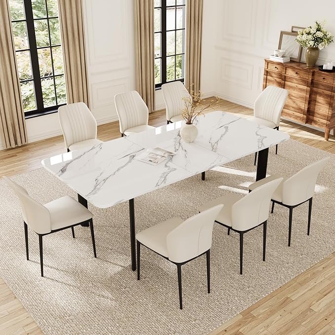 Extendable Dining Table Set for 6-8 People, 63 to 78.7 Inch MDF Kitchen Table with 8 Faux Leather Dining Chairs, Space-Saving for Dining Room, Breakfast Nook (White Table & 8 White Chairs)