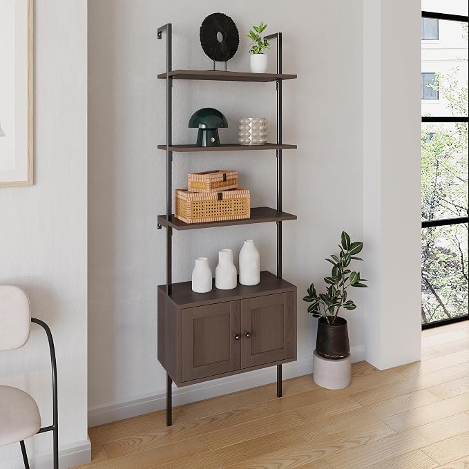 happimess MSH1002C Tulare 72.05" MidCentury Industrial 4-Shelf Wood Wall-Mounted Open Ladder Bookcase with Cabinet and Metal Frame, Brown/Black