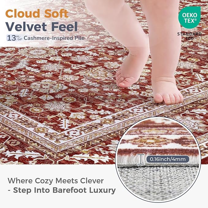 OPPODREAM Vintage Red Round Rug 3ft, 3 ft Retro Washable Circle Rug Non Slip, Low-Pile Faux Wool Circular Carpet, Distressed Floor Mat for Living Room, Bedroom, Office, Dorm, Dinning Room