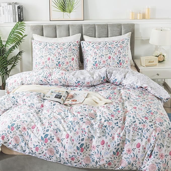 HoneiLife King Size Duvet Cover - Cotton Comforter Cover, Soft & Breathable Floral Bedding Duvet Cover Sets with Zipper Closure & Corner Ties, 3-PC Wildflower Comforter Cover Sets, Carnation
