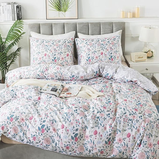 HoneiLife King Size Duvet Cover - Cotton Comforter Cover, Soft & Breathable Floral Bedding Duvet Cover Sets with Zipper Closure & Corner Ties, 3-PC Wildflower Comforter Cover Sets, Carnation