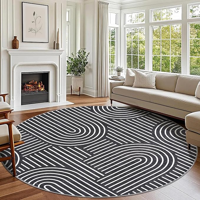 Washable Rug 6ft Area Rugs for Living Room, Abstract Rug for Bedroom, Soft Rainbow Non Slip Throw Rugs with Rubber Back, Low Pile Stain Resistant Boho Geometric Carpet for Dining Room,Black
