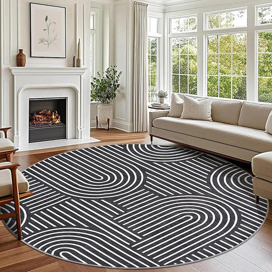Washable Rug 6ft Area Rugs for Living Room, Abstract Rug for Bedroom, Soft Rainbow Non Slip Throw Rugs with Rubber Back, Low Pile Stain Resistant Boho Geometric Carpet for Dining Room,Black