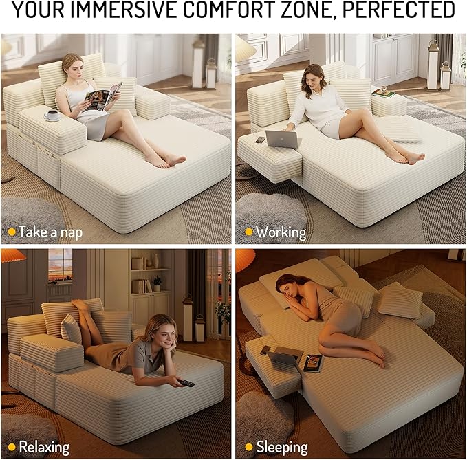 48.5" Oversized Chaise Lounge Chair Indoor, 3-in-1 Convertible Sleeper Sofa Bed, Plush Corduroy Boneless Chaise with 3 Pillows & Side Pockets, Adjustable Back/Armrest for Living Room - Beige