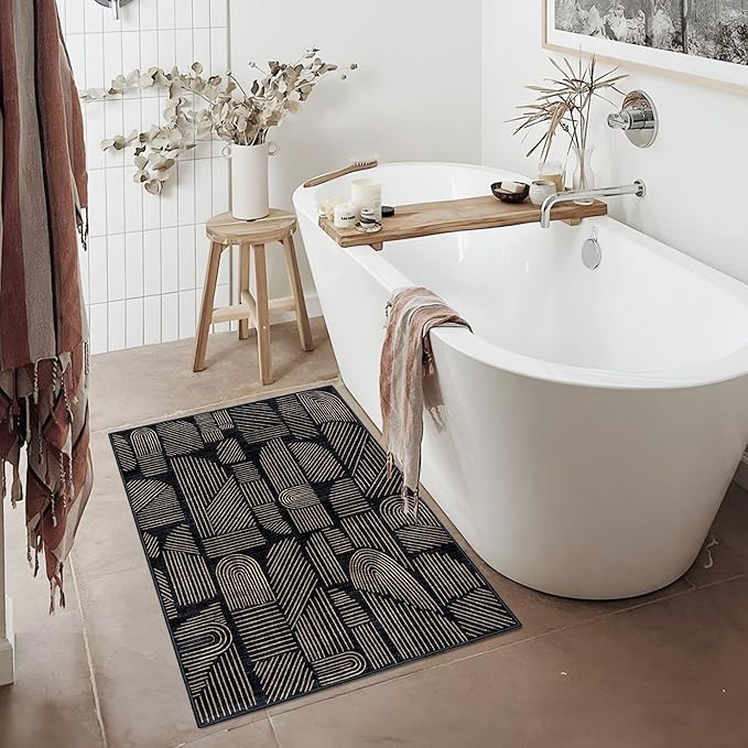 MUJOO 2x3 Washable Rug,Mid Century Modern Abstract Non Slip Low Pile Small Area Rug,Black and Gold Rug for Entryway Bathroom Kitchen Bedroom