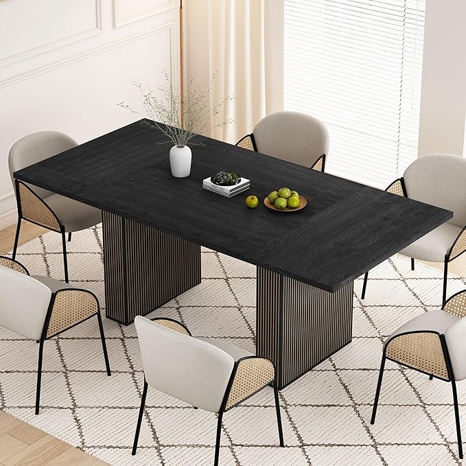 78 Inch Rectangular Dining Table for 6 to 10, Farmhouse Fluted Dining Kitchen Table, Modern Wood Long Dining Table for Kitchen Living Room, Black
