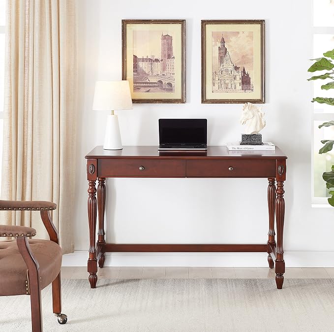 Large Computer Desk Office Table with 2 Drawers, 46" Solid Wood Study Writing Desk Workstation with Storage Space, Mid-Century Vanity Dressing Table for Home Office,Cherry Walnut BSZ1533WD