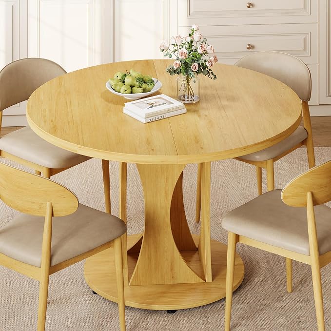 Einhomn 59" Extendable Round Dining Table for 6-8, Kitchen Table with Sturdy Double Arc Base & Backboard Clasp Desktop, Mid-Century Modern Dinner Table, Kitchen Dining Room, Space Saving, Natrual