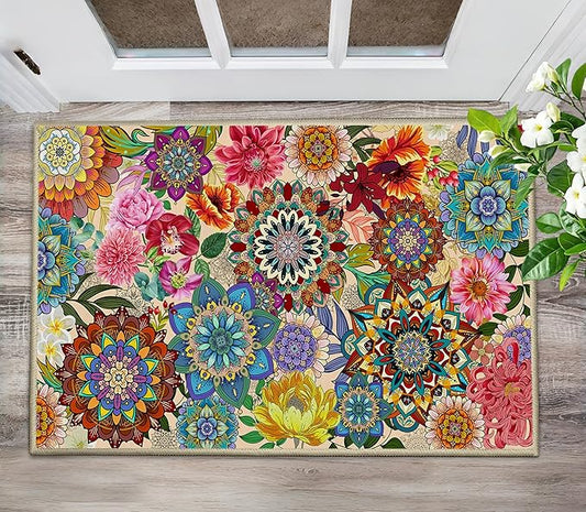 Boho Floral Door Mat 2x3, Colorful Flowers Indoor Entry Rug Non Slip Small Area Rug for Entryway Kitchen Bathroom Front Door Mats Indoor Entrance Washable Doormat Carpet Aesthentic
