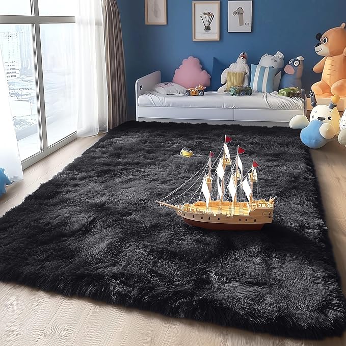 OLANLY 5x9 Machine Washable Large Area Rugs for Living Room, Bedroom, Soft Fluffy Shaggy Bedside Rug, Indoor Floor Carpet for Kids Girls and Boys, Dorms, Nursery, Home Decor Aesthetic, Black