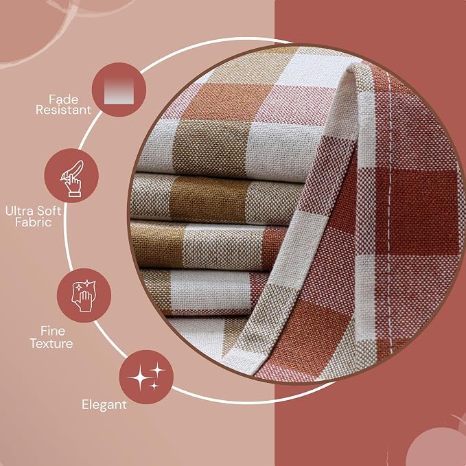 Multi Checkered Dish Towels 12 Pack, 18x26 Inches, 100% Cotton Kitchen Cloths, Quick Drying Wash Rags, Reusable & Absorbent, Washable Towels for Cleaning, Cooking - Rust, Tan, Natural