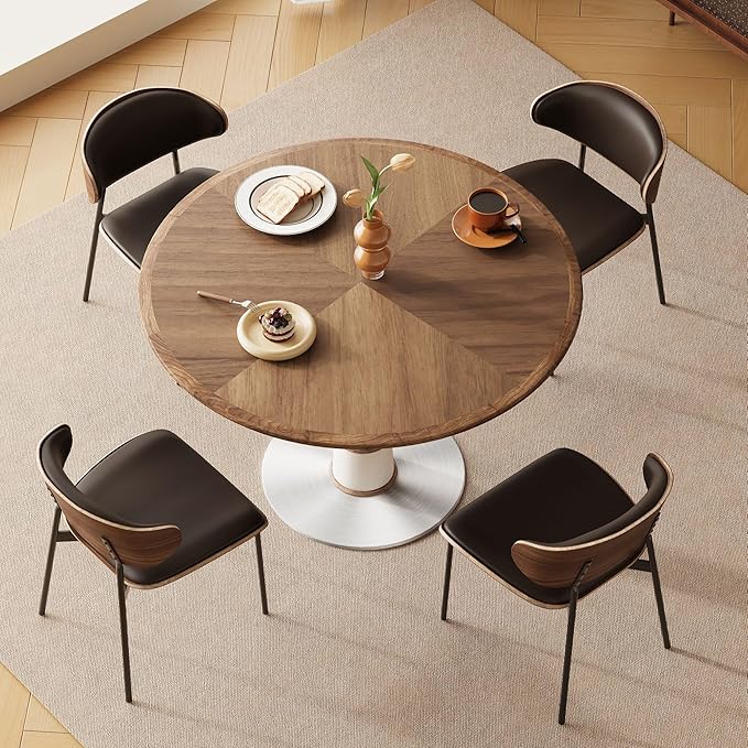 Modern Round Dining Table for 4-6 People, 47.2" Small Circle Pedestal Kitchen Table with Metal Base for Dining Room, Kitchen or Living Room, Walnut