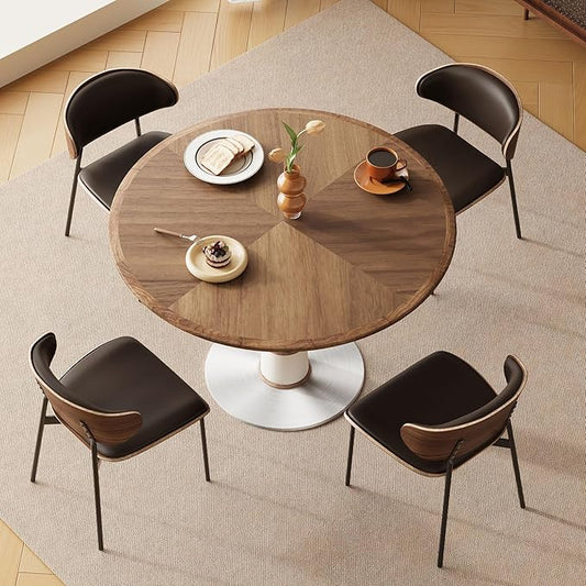 Modern Round Dining Table for 4-6 People, 47.2" Small Circle Pedestal Kitchen Table with Metal Base for Dining Room, Kitchen or Living Room, Walnut