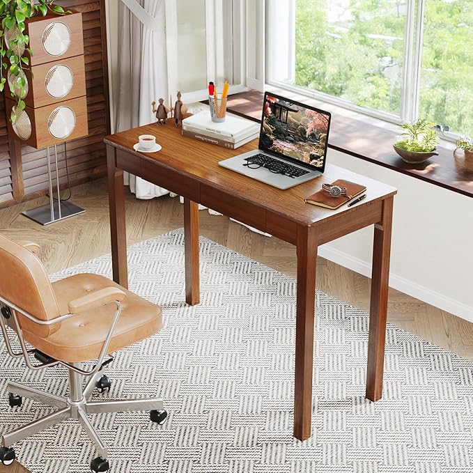 Wood Desk with Drawers - Solid Wood Mid Century Modern Desks for Bedroom, Small Computer Desk for PC, Laptop, Study, Makeup, 39.4 W x 29.5 H x 15.75 D in, Walnut Color