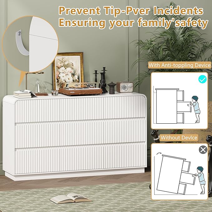 White Dresser Fluted 9 Drawers Dresser for Bedroom, 59" Wide Wood Chest of Drawers with Hidden Handles & Rounded Corners, Modern TV Stand Storage Cabinet for Living Room, Hallway, Entryway