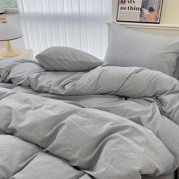 mixinni Grey Striped Duvet Cover Queen Size - 100% Washed Cotton Pinstripe Comforter Cover with Zipper Closure, Lightweight & Breathable, 3 Pieces Minimalist Stripes Pattern Printed Bedding Set
